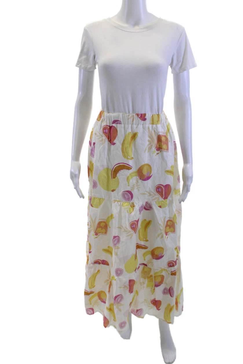 Charlie Holiday Womens White Graphic Peasant Maxi Skirt Linen Cotton Size 4