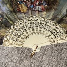 Vintage French Scene Celluloid Fan with Lace Signed Romano