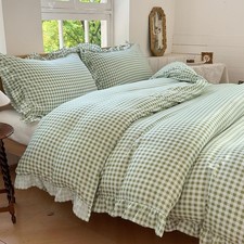 Sage Green Gingham Ruffle Duvet Cover Queen Size 3 Pieces Soft Pre-Washed