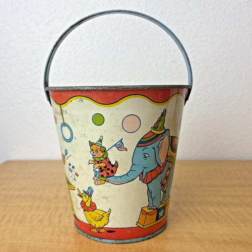 Vintage Ohio Art Circus Tin Sand Pail With Handle Metal Bucket J Chein USA