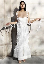 ZIMMERMANN Petal Appliqué Linen-Silk Corset Gown White Floral Midi dress $1995