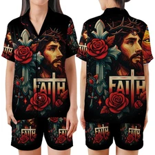 Jesus Christ Cross Faith Red Rose Christian Religious Satin Pajamas Set