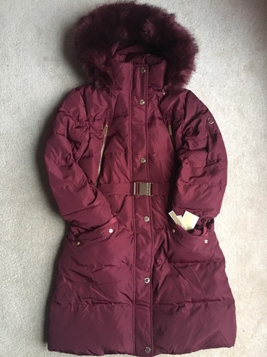 Michael Michael Kors Belted Faux-Fur-Trim Hooded Puffer Coat, Created for Macy's - Dark Ruby
