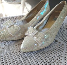 RARE Vintage Edwardian Victorian Style Cream Sequin Wedding Bridal Shoes 9 1/2