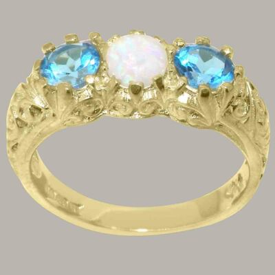 14k Yellow Gold Natural Opal & Blue Topaz Womens Trilogy Ring