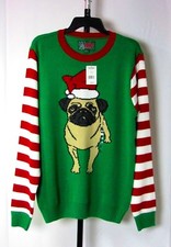NWT Ugly Christmas Sweater Mens Large Holiday Pug Dog Crew Neck Sweater