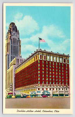 c1950s~Columbus Ohio OH~Deshler Hilton Hotel~RKO Theatre~LeVeque Tower~Postcard