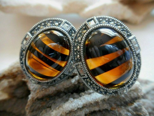 Sterling Silver Judith Jack Marcasite Black & Amber Color Stone Earrings  471A