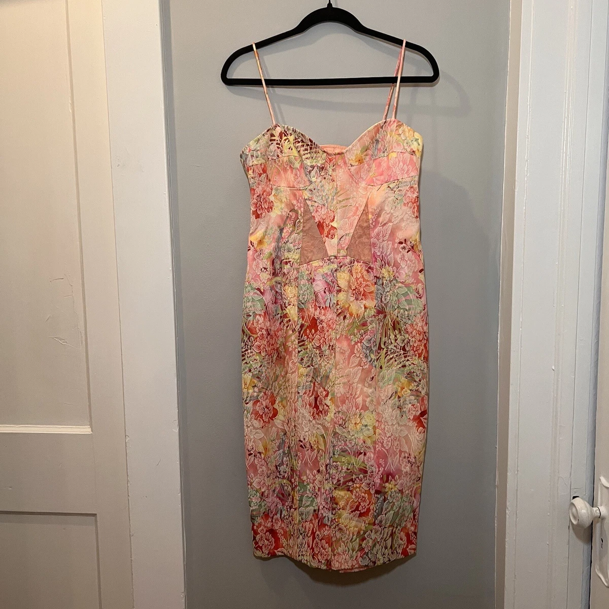 David Meister Embroidered Silk Pink Floral Bustier Spaghetti Strap Dress Size 8