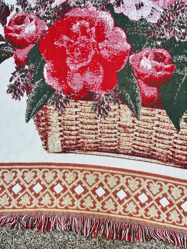 Vintage FRENCH WALL TAPESTRY FLOWER BASKET 50" x 69" Vibrant Colors Butterflies - Image 4 of 4