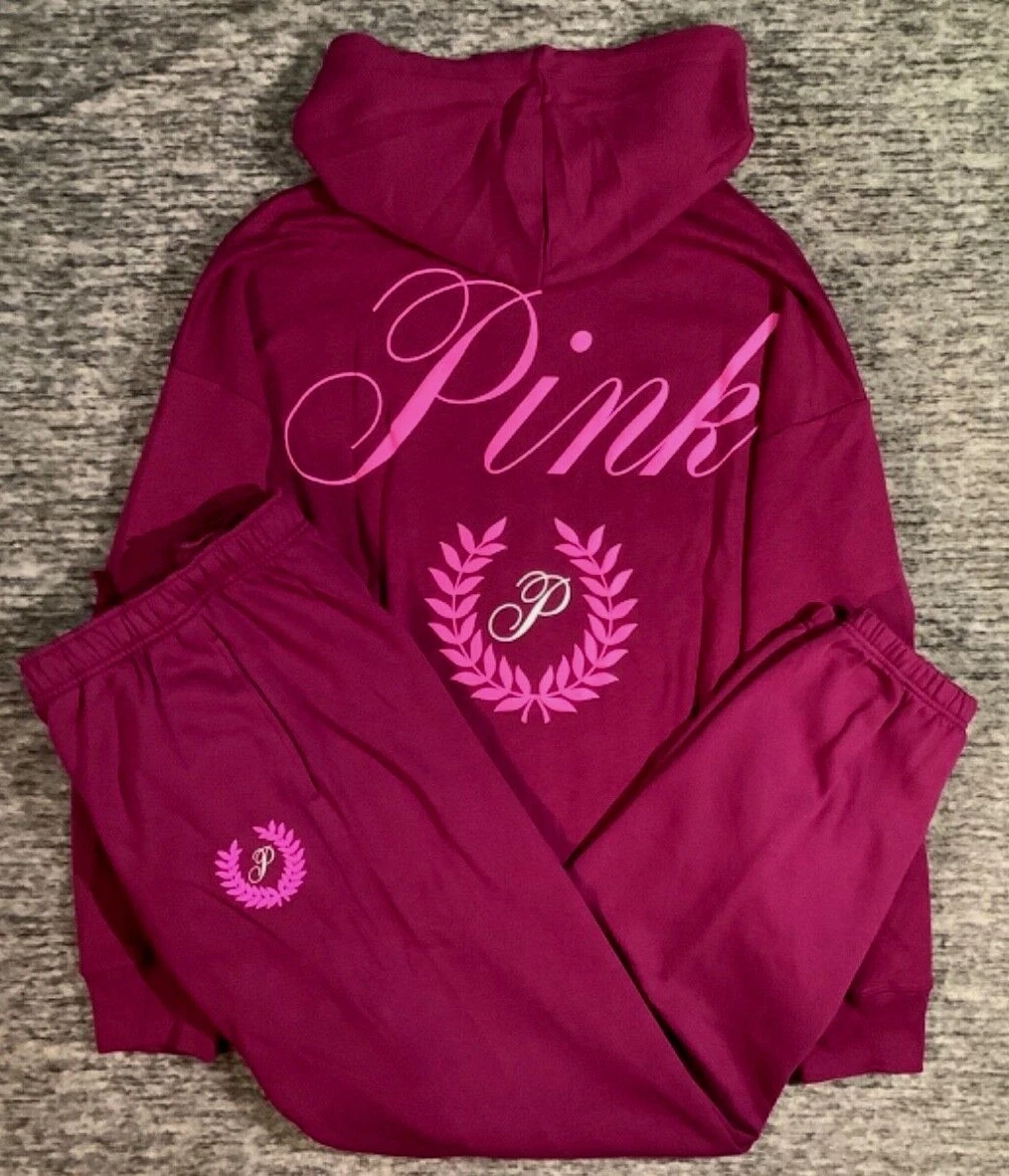 UNDERCOVER Victoria's Secret Rosa Full Zip Felpa con Cappuccio + Pantaloni Set Vivid Magenta Fragola L