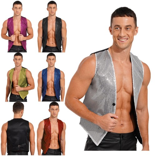 Men's Sparkling Sequins Vests Waistcoat Rave Dance Party Performance Costume - Picture 3 of 8