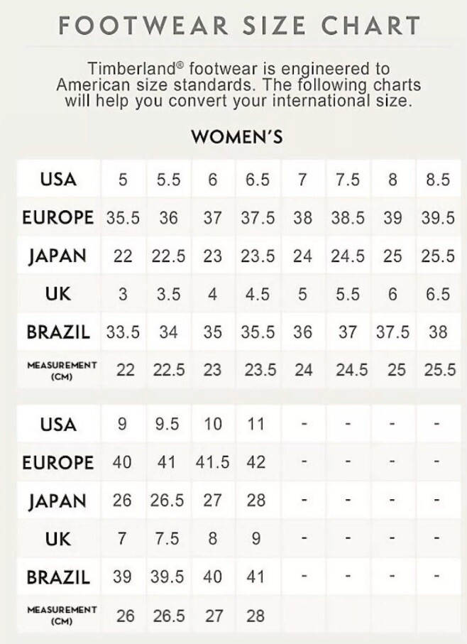 timberland footwear size chart