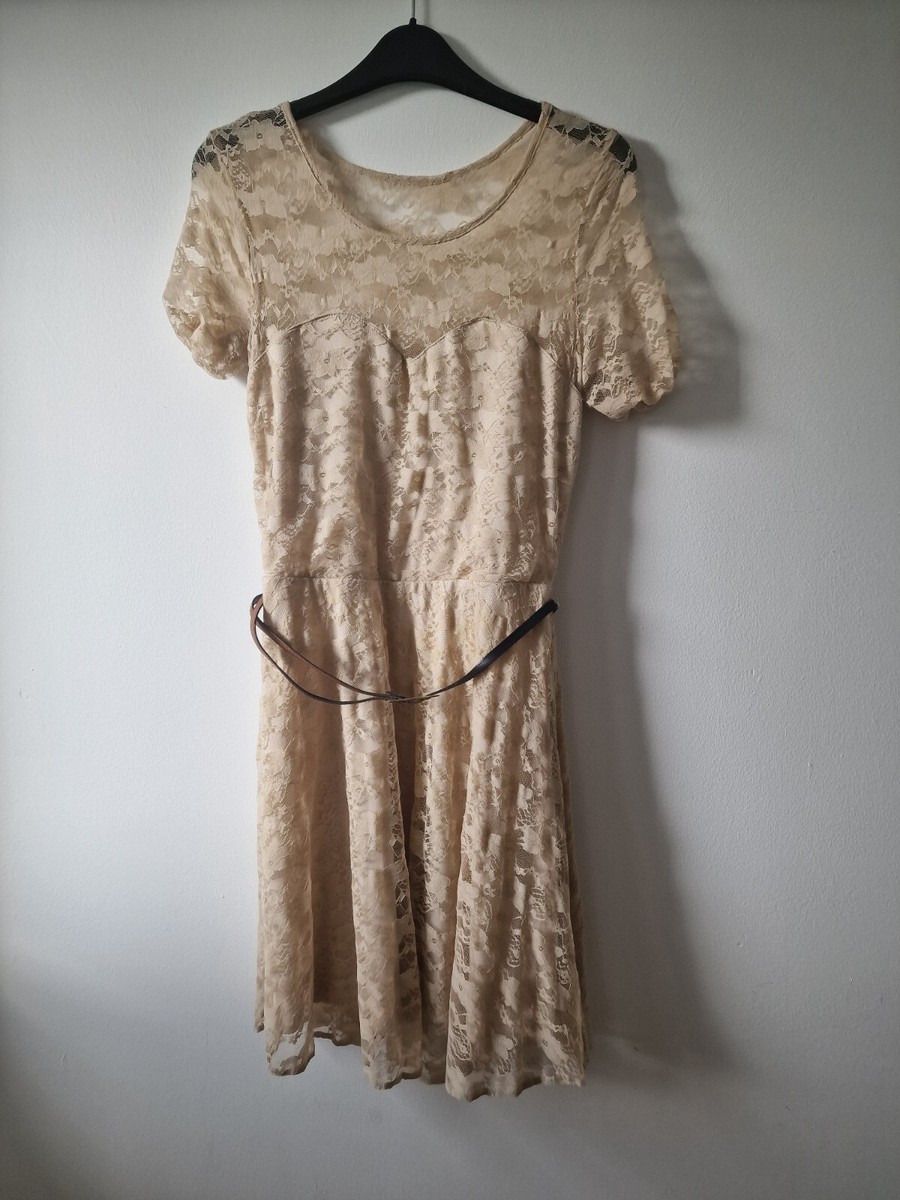 Womens ASOS size 12 mink lace skater dress with 3/4 sleeve UK