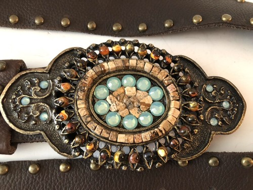 Leatherock Belt L 40” Adjustable Large Buckle Multi Stone Studded Western-Vtg