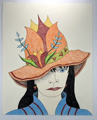 Women Fashion Drawing Folk Art Autumn Leaf Hat 14x11  Folksy Fall Leaves Festive