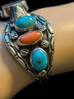 Vintage Southwest Arizona Sterling Silver, Turquoise & Coral Watch Cuff- Heavy! — photo 5