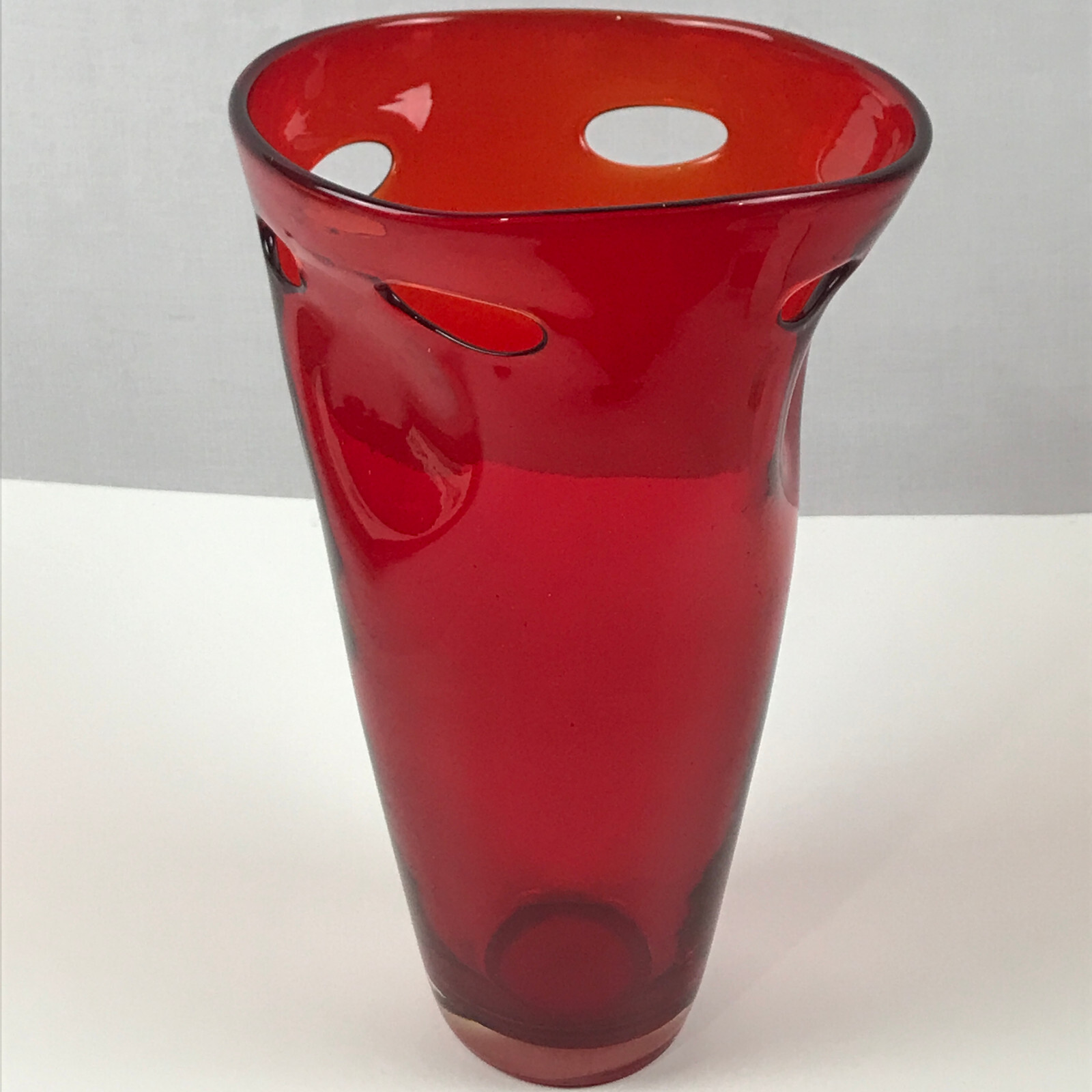 Hand Blown Art Glass Vase Modern Freeform Red Dimpled Pierced 11" eBay