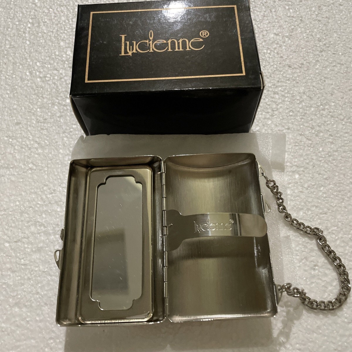 lucienne cigarette case Cigarette/Lipstick/Mirror Silver Tone Metal Purse w/Chain NEW IN BOX Lucienne Ceramic Canoe-Shape Cigar Ashtray