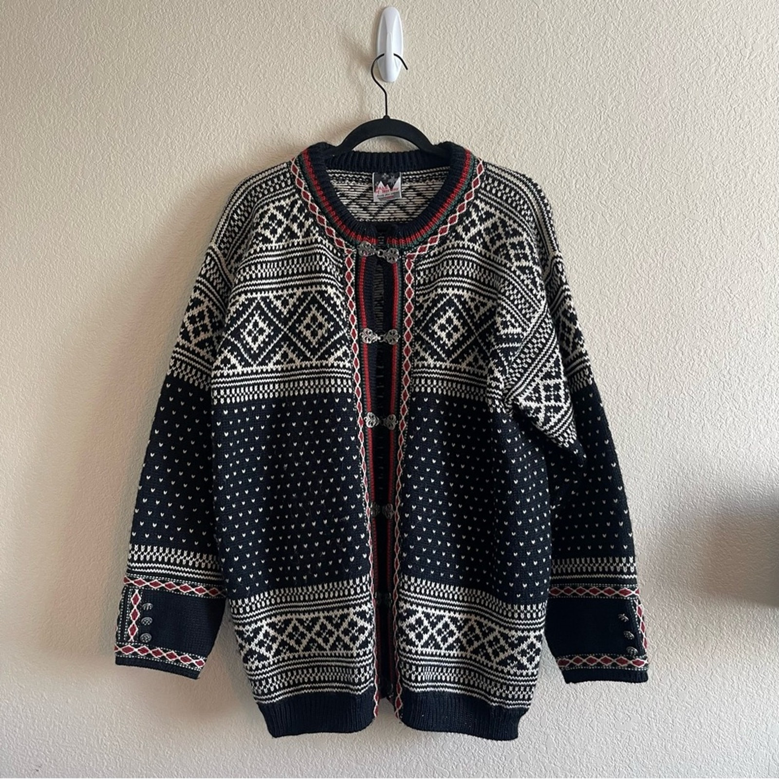 Dale of Norway Fair Isle Heart Print Wool Oversized Cardigan Size 52