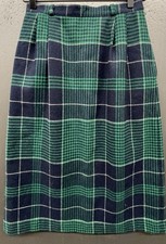 Vintage Wool Skirt 8 Blue Green Tartan Plaid Pleated Midi Pocket Preppy Classic