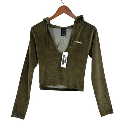 New! LETS FRANS x URBAN OUTFITTERS Velour Cropped Hoodie Green Womens M W435
