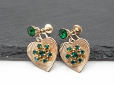 Vintage Heart-Shaped Dangle Screw Back Earrings Emerald Green Crystals Gold Tone