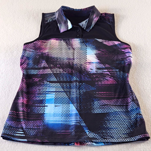 FILA Sport Womens L Sleeveless Golf Polo Geometric Print Stretch Mesh Black