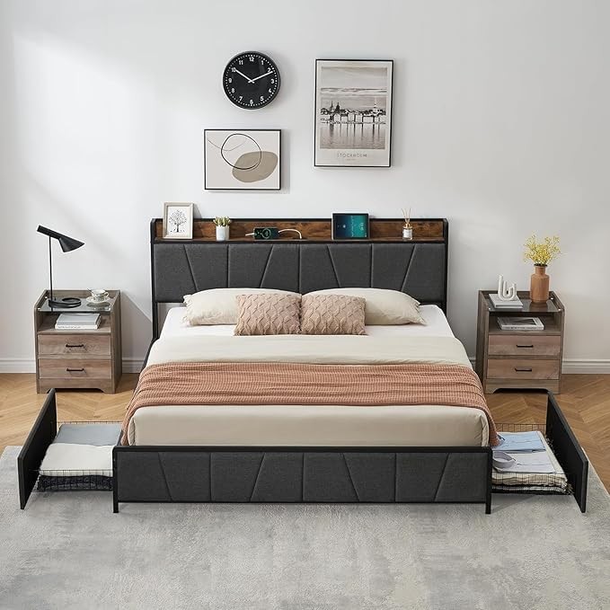 Twin/Full/Queen/King Size Bed Frame W/2 Storage Drawers & Charging