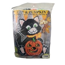 Vintage NEW Cat  Pumpkin Plastic Canvas Wall Hanging Design Works Crafts