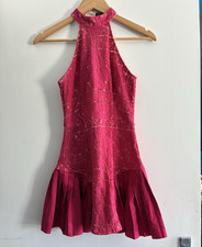 Women Pink Lace Halter Neck Fit & Flare Mini Dress Sleeveless UK 8