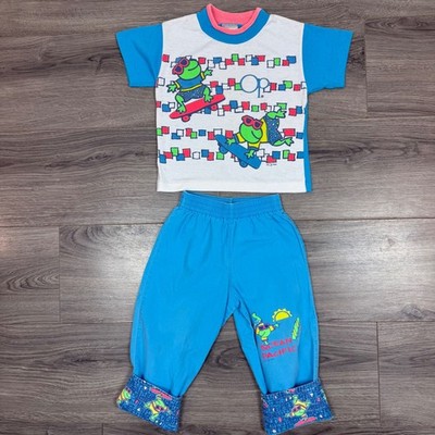 Vintage 90s Ocean Pacific Frog Skateboard Tee Pants Set Toddler 3T Surf Style