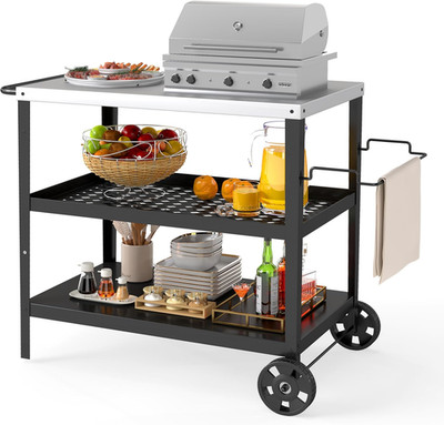 3-Shelf Pizza Oven Table with 34'' X 20'' Stainless Tabletop,Outdoor Grill Cart fo