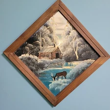 Vtg Original Acrylic Painting Cabin By The Water, Deer Mirror Framed Signed