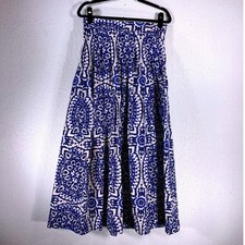 Talbots Blue White Medallion Print Cotton Midi Skirt Womens 10 Pleated A-Line