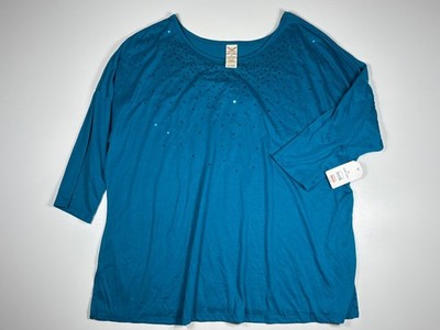 Faded Glory T Shirt Women 3X Blue Sequin Embellished Casual Party Evening NWT