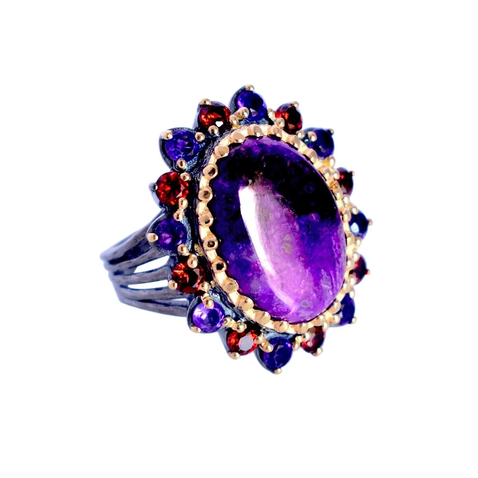 Anello da cocktail con pietre preziose africane naturali sugilite argento... - Immagine 2 di 4