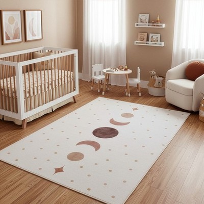 Kinderteppich Mondphasen für Kinderzimmer in Creme mit Skandi Boho Design