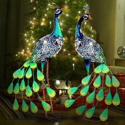 Kircust Solar Metal Peacock Statues - Set of 2 Weatherproof Outdoor Decor
