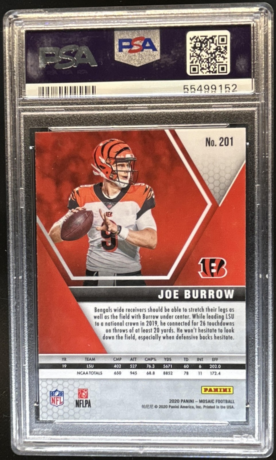 2020 Panini Mosaic Joe Burrow Rookie RC #201 Bengals PSA 8 view 2