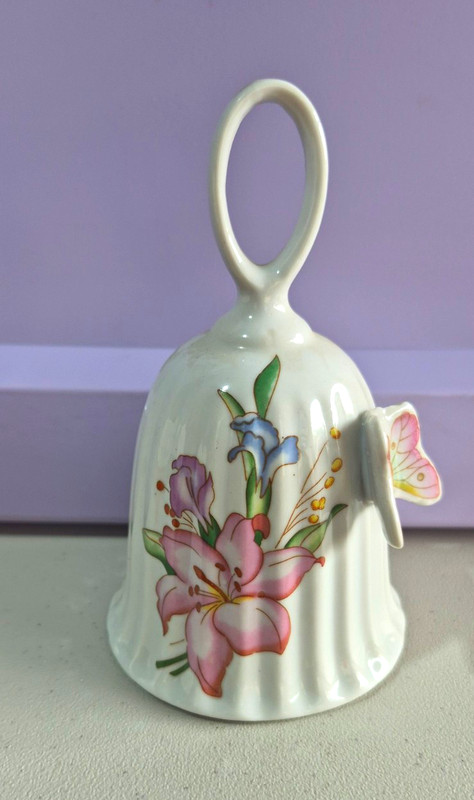 Glossy White Ceramic Decorative Bell w/ Hanging Loop, Floral Lily Butterfly