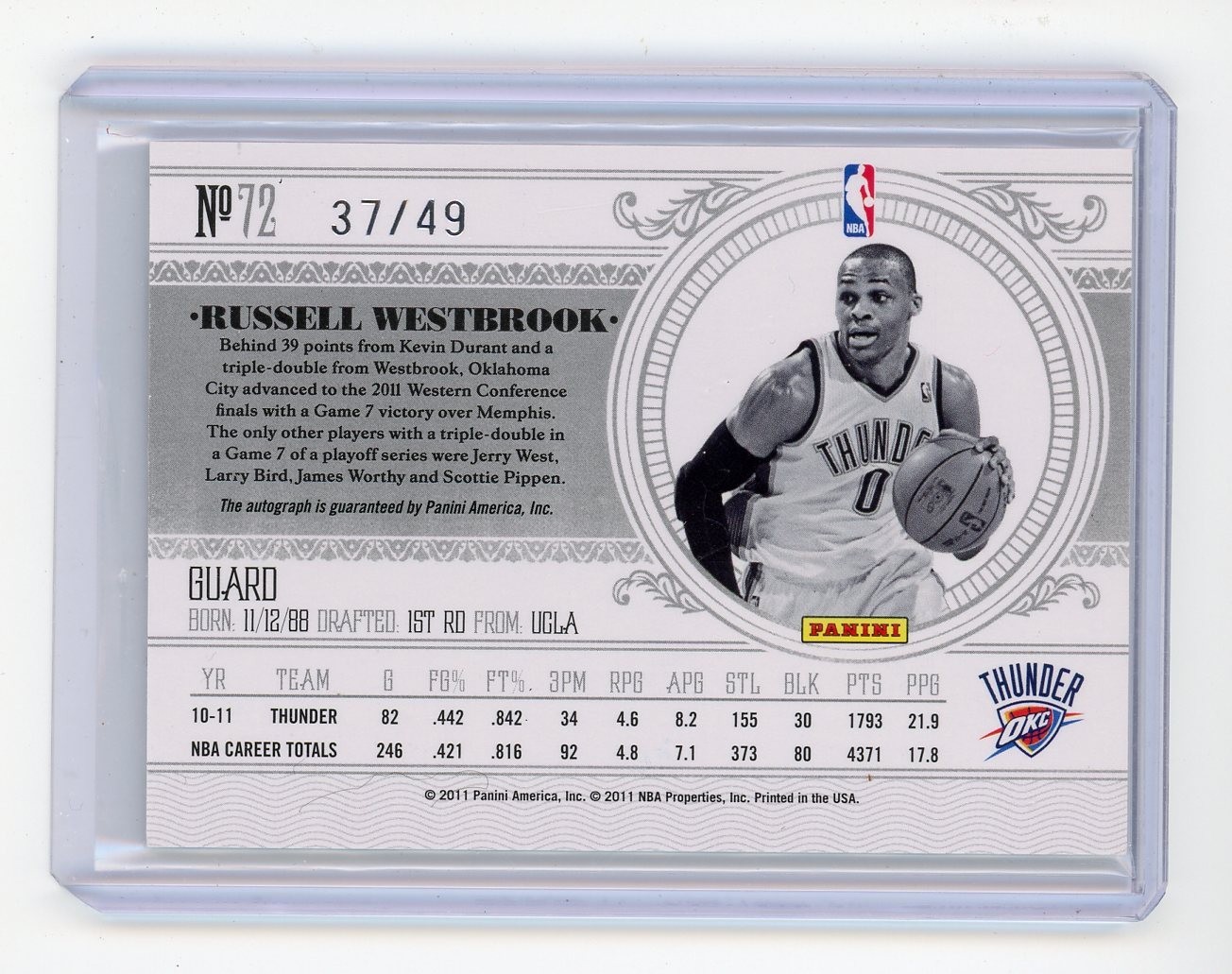 RUSSELL WESTBROOK 2010-11 Panini National Treasures #72  AUTOGRAPH SP AUTO  /49 view 2
