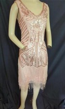 20'S STYLE PINK SEQUIN FRINGED LINED STRETCH PROM PARTY DRESS 34" BUST