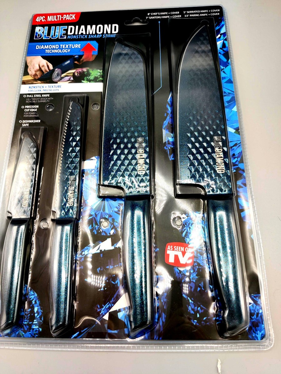 4pc Blue Diamond Multi-Pack Knife Set: Chef's, Santoku, Serrated Paring!