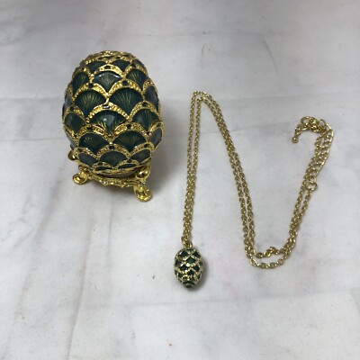 Vintage STAUER Green Egg Trinket Box & Stand with Matching Pendant Necklace