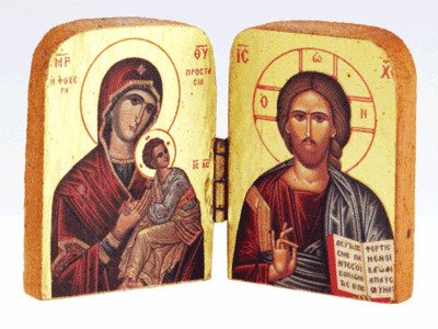 Orthodox Icon Diptych, (2''x3'') mini sized, Wooden w/ Gold Leaf -Made in Greece