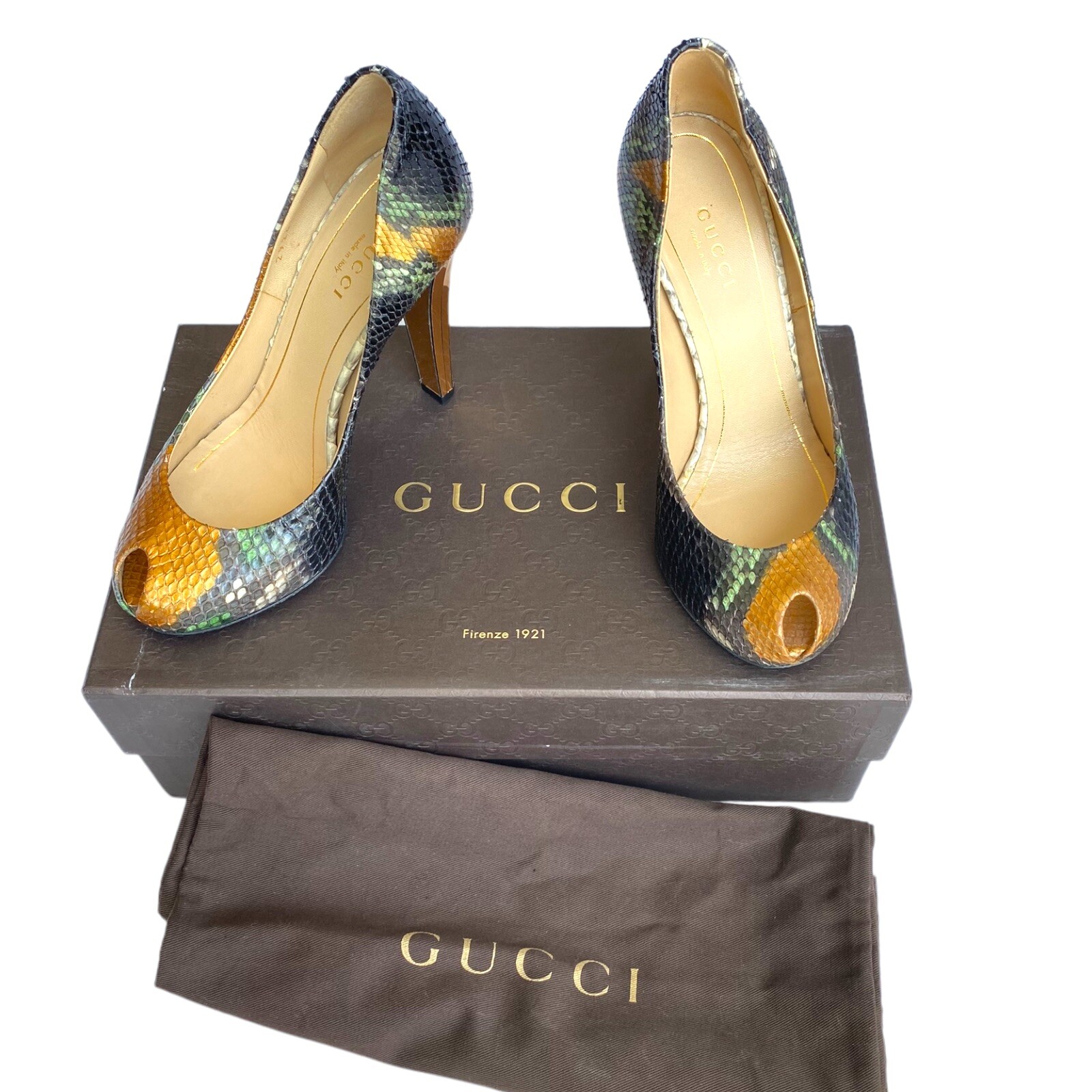 GUCCI Multicolor Python Leather Peep Toe Gold Mir… - image 3