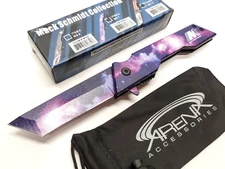 Purple Cosmic Clouds Galaxy Pocket Knife Blade Tanto Spring Assisted EDC