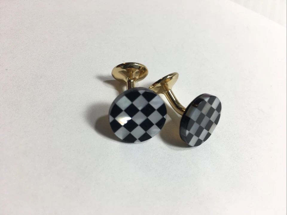 Black and White Checkerboard Mother of Pearl Mens Cufflinks Casino Racing - Image 4 of 4