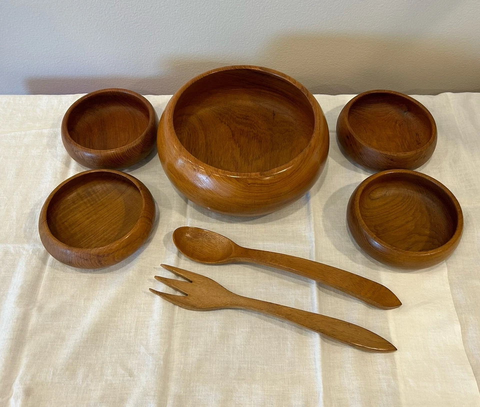 Winsome тонкие тиковые деревянные сервировочные и салатницы плюс серверы 7 шт набор MCM ретро - Изображение 2 из 4